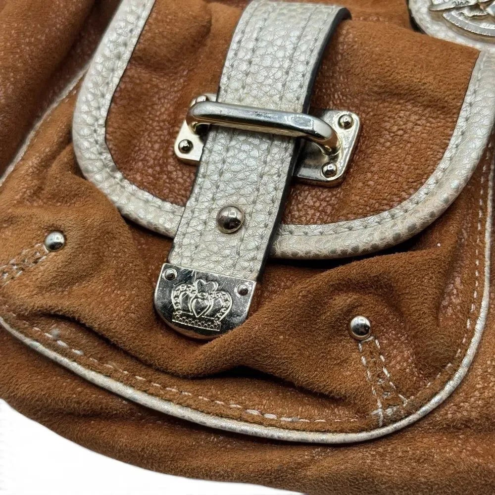 Kathy Van Zeeland Y2K Brown Faux Suede Hobo Bag Gold Crown Studded Purse